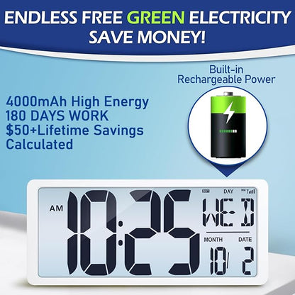 4.6" Numbers Display Built-in Rechargeable Power 15" Atomic White Wall Clock -Night Display-Never Needs Setting!-Easy to Read Numbers-Never Need Replace Battery