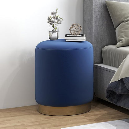 DAGONHIL Modern Round Velvet Ottoman,Upholstered Make-up Short Stools with Gold Plating Base,Foot Stool for Living Room,Pack of 1,Blue