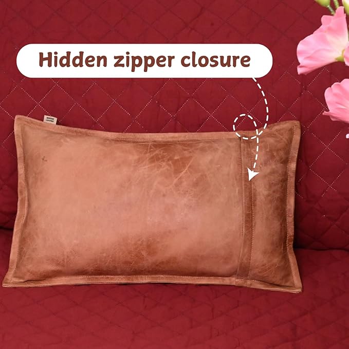 100% Lambskin Leather Pillow Cover - Sofa Cushion Case - Decorative Throw Covers for Living Room & Bedroom, 12x20 Inch - Mango Tan Crunch Box Pack of 1