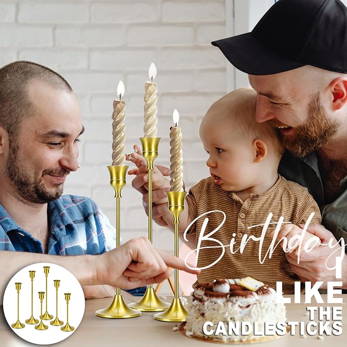 Candle Holder Gold Taper Candlestick Holders - Table Décor Brass Golden Pillar Candle Sticks Holder Set of 6, Antique Fireplace Decor Tapered Bulk Candelabra for Wedding, Christmas