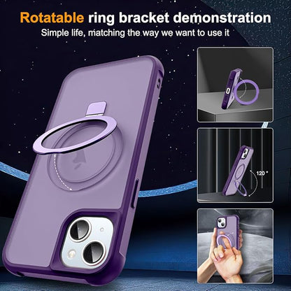 Compatible with iPhone 15 Plus Case with Invisible Magnetic O-Ring Stand Military-Grade Translucent Case for iPhone 15 Plus 6.7" [Compatible with Mag-Safe][Great Grip Feeling], Purple