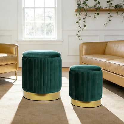 Round Ottoman with Storage Set of 2 Upholstered Velvet Vanity Stool for Living Room Storage Ottomans Multifunctional Foot Rest (Dark Green)