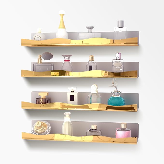 YMVV 15.7 in Large Golden Reflective Acrylic Mounted Floating Shelf, Perfume Organizer Shelf, Modern Bathroom Storage Toy Display Organizer Decor 4 Pack