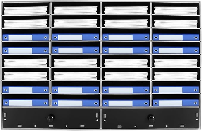 Literature Organizer with 32 Compartments | Adjustable Desktop File Sorter Mail Center for Home, Office & Classroom | PVC Paper Storage Cabinet with 2 Drawers and Shelves, Black