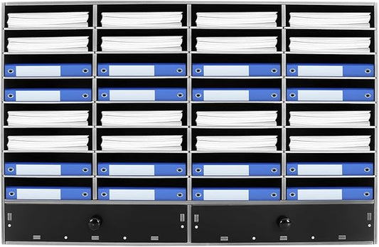 Literature Organizer with 32 Compartments | Adjustable Desktop File Sorter Mail Center for Home, Office & Classroom | PVC Paper Storage Cabinet with 2 Drawers and Shelves, Black