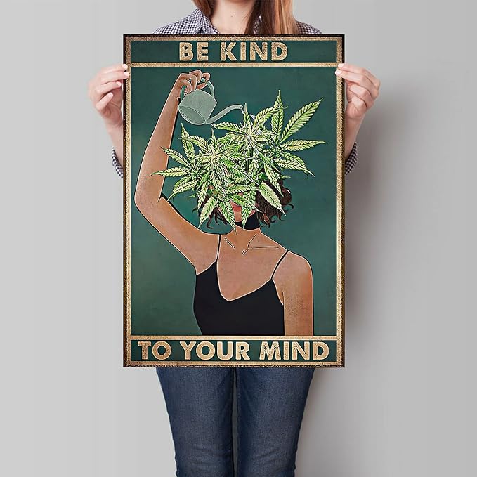 Vintage Be Kind To Your Mind Poster Mental Health Quote Canvas Wall Art Posters Cool Unique Green Plant Girl Print Painting Retro Home Wall Decor Pictures for Women Bedroom 16x24in Unframed