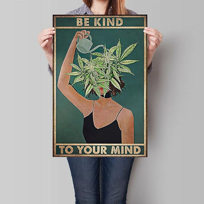 Vintage Be Kind To Your Mind Poster Mental Health Quote Canvas Wall Art Posters Cool Unique Green Plant Girl Print Painting Retro Home Wall Decor Pictures for Women Bedroom 16x24in Unframed