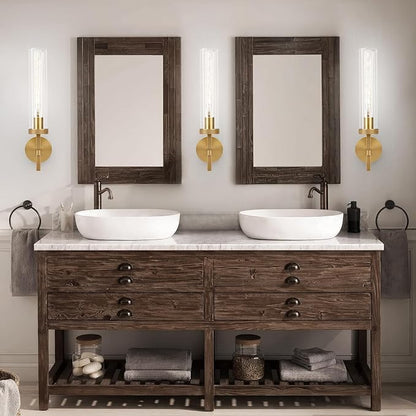Brass Wall Sconces Set of Two with White Lights, 19.48'' Brushed Brass Knurled Bathroom Sconces Wall Lighting Vanity Light with Clear Glass for Living Room Mirror Bedroom Stairs