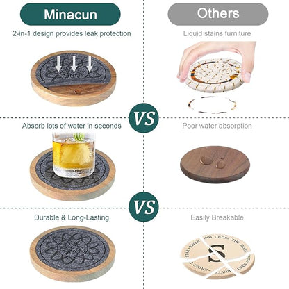 Wood Coasters for Drinks Set of 8, Minacun Absorbent Coaster, Drinks Coasters for Coffee Tabletop Protection, Non-Slip, Non-Stick, Suitable for Kinds of Cups Wooden Table Drink, 4.3 Inch Gray