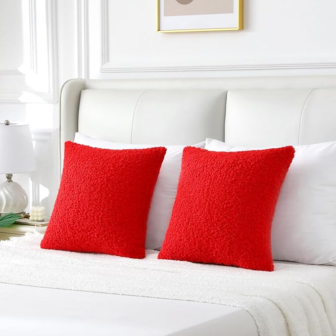 FUTEI Christmas Red Throw Pillow Covers 26x26 Inch Set of 2,Furry Faux Fur Teddy Boucle Textured Cushion Covers,Soft Fluffy Decorative Euro Pillow Shams,Home Decor for Couch Bed Living Room Office Car