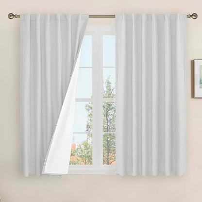 LAMIT Light Grey Linen Full Blackout Window Curtains for Bedroom, 54 Inches Thermal Farmhouse Curtains Back Tab and Rod Pocket Privacy Protected Burlap Panels with White Liner, 2 Panels, 52 x 54 Inch