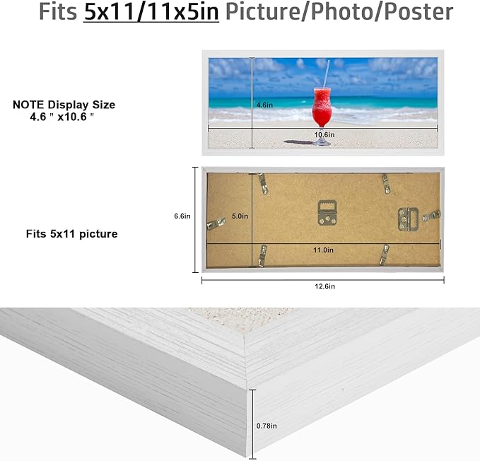 5x11 Frame Rustic White, Distressed 11x5 Picture Frame, Art Pic Hanging Poster Frame, 5 by 11 Gallery Family Concert Portrait Wall Photo Frame Horizontal Vertical Display Gift