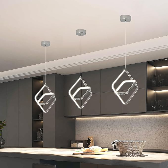Modern LED Chandelier Chrome Rectangular Pendant Light Fixtures 4000K 20W Dimmable Height Adjustable Pendant Lighting for Dining Room Kitchen Island Bedroom Living Room Foyer（1-Pack）