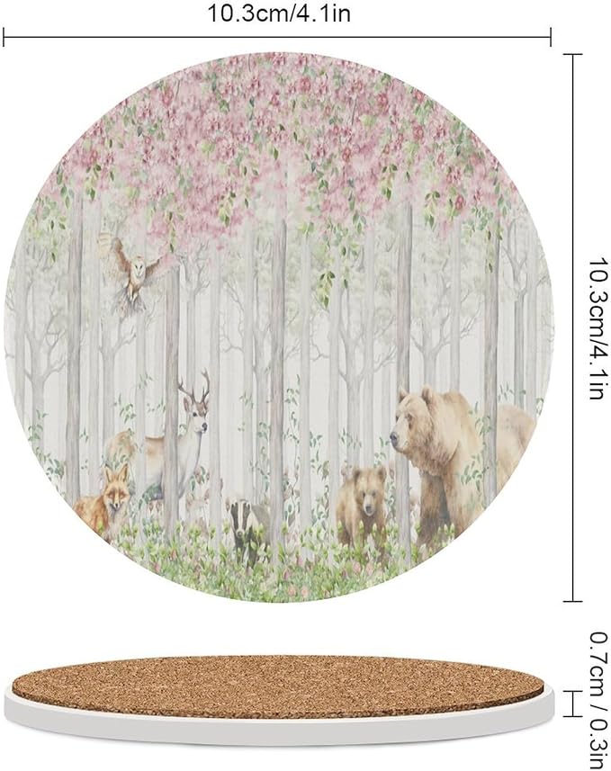 Forest Drink Coasters, Round Ceramic Drink Coaster Round-6PCS, Cartoon Nature Forest Flower Animal Bear, Deer, Fox, Rabbit Decor Absorbent Ceramic Coasters for Beverage Cup, Bar, Coffee Table
