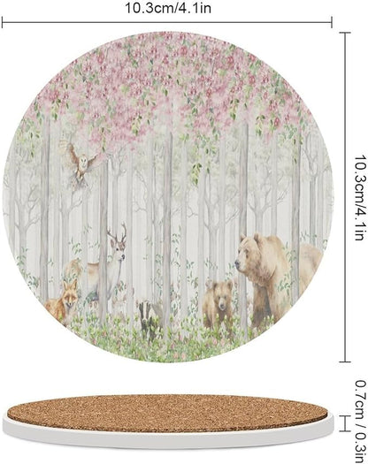 Forest Drink Coasters, Round Ceramic Drink Coaster Round-6PCS, Cartoon Nature Forest Flower Animal Bear, Deer, Fox, Rabbit Decor Absorbent Ceramic Coasters for Beverage Cup, Bar, Coffee Table