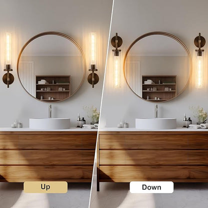 19.5" Knurled Brass Wall Sconces Set of 2, Bronze Bathroom Vanity Light Fixtures with Crackle Glass Tube, Modern Lamp Lighting for Bedroom, Living Room, Hallway, Staircase, Mirror, Kitchen