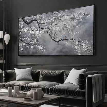 Plum Blossom Wall Art Framed Wall Art Decor Canvas Birds Wall Decorations Bedroom Picture Large Artwork for Living Room Dining Room 24”x48”