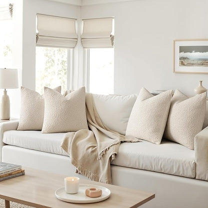 MIULEE Pack of 4 Decorative Textured Boucle Throw Pillow Covers 18x18 Inch Beige Accent Solid Pillow Cases Soft Couch Cushion Covers for Modern Farmhouse Boho Chair Sofa Bed Livingroom Home Decor