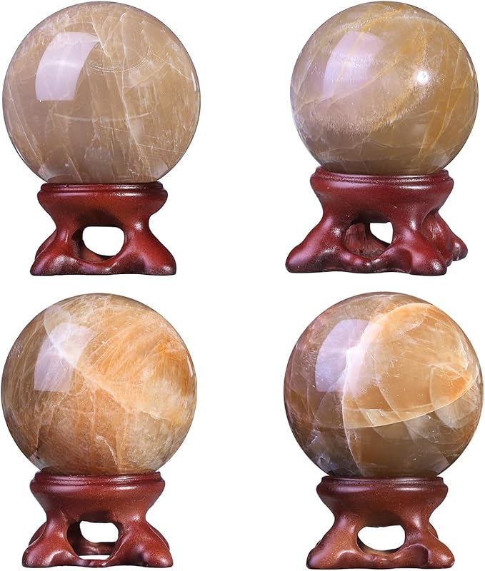 moonsix Natural Orange Moonstone Crystal Sphere with Resin Stand Healing Energy Stone Decorative Ball Sculpture for Home Office Tabletop, 41-50 mm