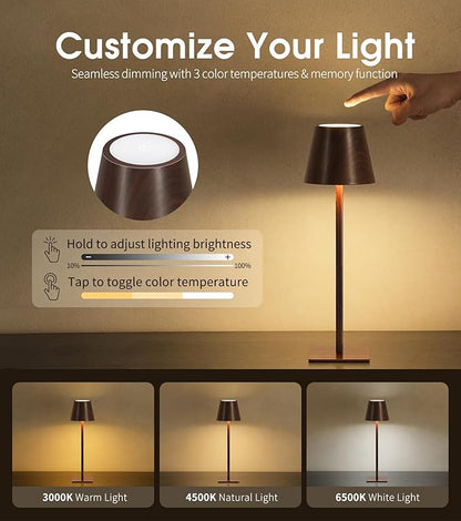 UME 3 Pack Cordless Table Lamp, Battery Operated Lamp - Portable Waterproof Rechargeable Table Lamp w/ 3 Color Temps & Stepless Dimming for Dinner, Desk, Cafe, Outdoor (Woodgrain)