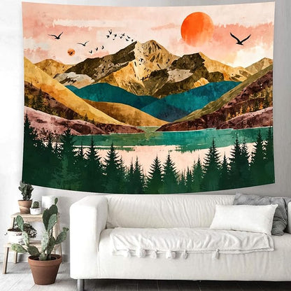 Delur Mountain Tapestry Boho Sunset Nature Forest Tree Tapestry Wall Hanging Sunrise River Lake Landscape Psychedelic Headboard for Bedroom Living Room Home Decor (59.1" x 78.7")