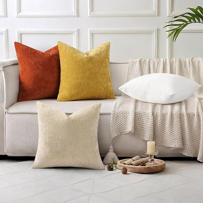 decorUhome Chenille Beige Spring Throw Pillow Covers 16x16 Inch Set of 2, Decorative Soft Couch Pillow Covers Solid Dyed Accent Farmhouse Neutral Square Pillow Cases for Sofa