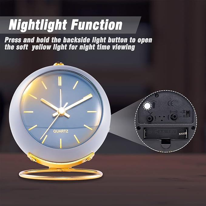 AYRELY® Battery Operated Desk Alarm Clocks with Light,Retro Silent No Ticking Analog Small Clock,Loud Table Clock for Bedside/Bedroom/Kitchen/Office/Travel/Kids/Room Decor Aesthetic Vintage (Blue)