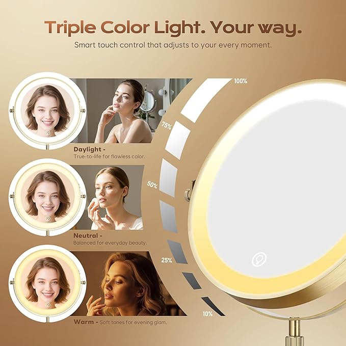 Lighted Makeup Mirror, 5000 mAh Rechargeable Double Sided Magnifying Vanity Mirror with 3 Colors, 1x/20x, 360° Rotation , Brightness Adjustable lighted mirror with magnification, Antique Bronze
