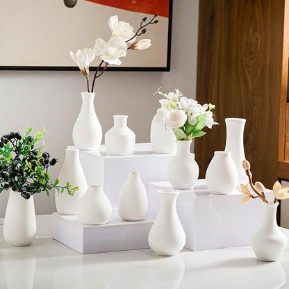 White Bud Vases, Ceramic Small Vase Set of 12, Mini Vases for Fresh and Dried Flowers, Modern Home Decor, Pottery Table Centerpiece