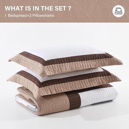 SahSahCasa 100% Cotton 120"x102" Oversized Bedspread Coverlet Quilt Set, Oversized Queen Quilted Bedspread Reversible Extra Large Quilt, XL Bed Spread Lightweight Comforter, 3pc, Brown/Gray/White