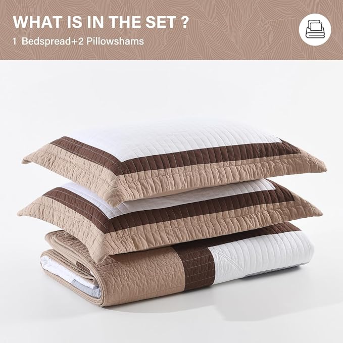 SahSahCasa 100% Cotton 120"x120" Oversized California King Bedspread Coverlet Quilt Set, Cal King Quilted Bedspread Extra Large Reversible XL Bed Spread Lightweight Comforter, Brown/Gray/White