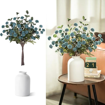 BLOSMON Blue Flowers Artificial for Decoration: Ceramic Vase with 12 Stems of Dusty Blue Flowers Fake Mums Kiku Eucalyptuses for Home Table Centerpieces - Faux Pom Poms Floral Arrangement Dining Room