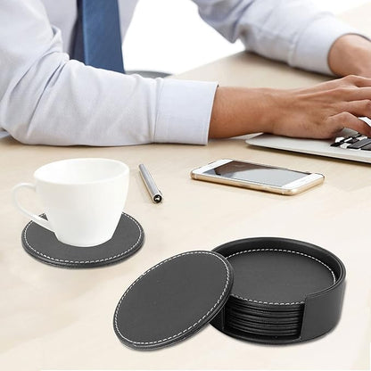 Leather Coasters for Drinks(6 Pack), Handmade Durable Drink Coasters Set with Holder for Tabletop Protection, Luxurious Home Décor and Housewarming Gift (Black)