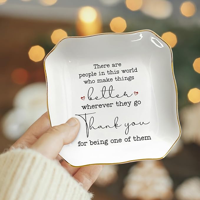 OASSIE Thank You Gifts for Women - 4"x4" Ceramic Jewelry Dish Tray - Galentines Day Birthday Appreciation Inspirational Gifts for Women Coworker Teacher Friend Employee Boss, Retirement Gift for Woman