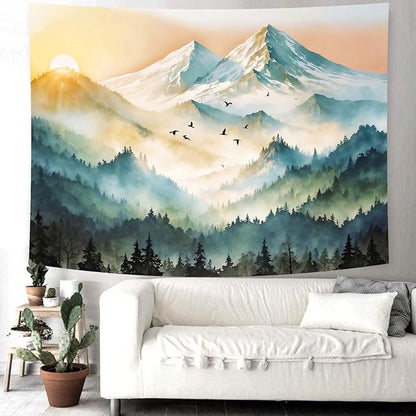 Delur Mountain Tapestry Boho Misty Sunset Forest Tree Tapestry Wall Hanging Sunrise Nature Landscape Psychedelic Headboard for Bedroom Living Room Home Decor (70.8" x 92.5")