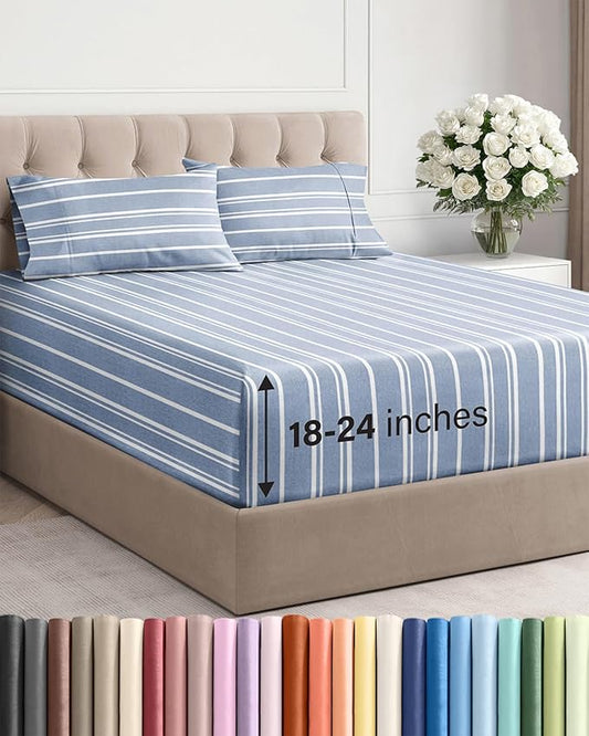 Extra Deep Twin Sheet Set - 4 Piece Breathable and Cooling Sheets - Hotel Luxury Bed Sheets Set - Easy Fit - Soft, Wrinkle Free and Comfy Sheets Set - Blue Striped Sheet Set with Extra Deep Pockets