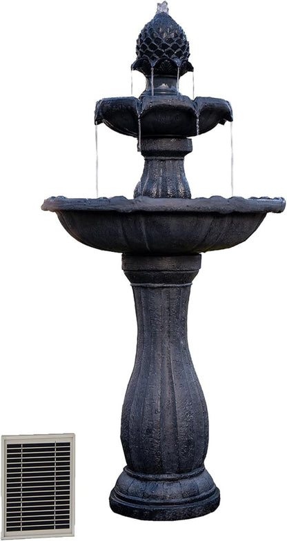 XBrand 44" H Black Fiberglass/Resin 2-Tier Solar Water Fountain with Auto-Shut Off Pump, Tall Outdoor Fountain, Two Tiered Birdbath