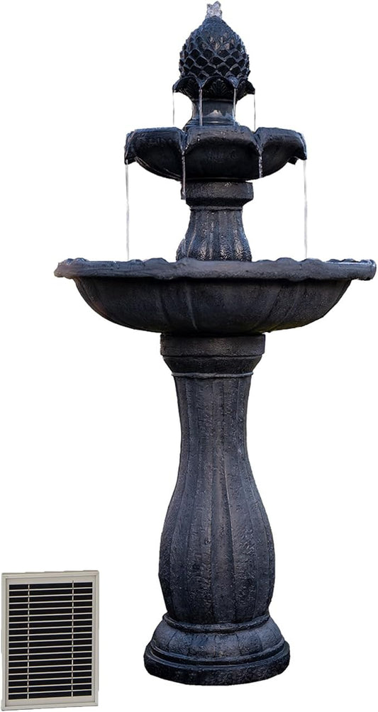 XBrand 44" H Black Fiberglass/Resin 2-Tier Solar Water Fountain with Auto-Shut Off Pump, Tall Outdoor Fountain, Two Tiered Birdbath