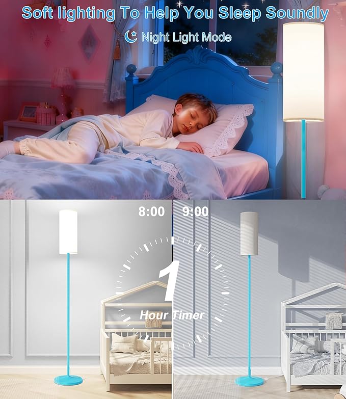 luckystyle LED Floor Lamp for Living Room, DimmableTall Lamps with Foot Switch,Remote Custom Color Temperature Blue Pole Lamp with Lampshade,12W Led Bulb Standing Lamps for Bedroom Office Kid Room