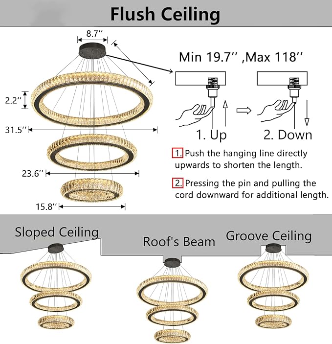 3 Rings Chandelier Modern Dimmable High Ceiling Large Ring Chanderliers Entryway Crystal Pendant Lights for Entryway Foyer Living Room Black Light
