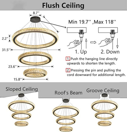 3 Rings Chandelier Modern Dimmable High Ceiling Large Ring Chanderliers Entryway Crystal Pendant Lights for Entryway Foyer Living Room Black Light