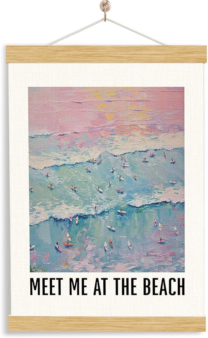 YGSDZY Beach Canvas Poster, Meet Me at the Beach Poster, Costal House Decor, Summer Decors, Trendy Ocean Coastal Art for Home Office Gallery, Pink Girls Room Decor, 11.8 * 15.7