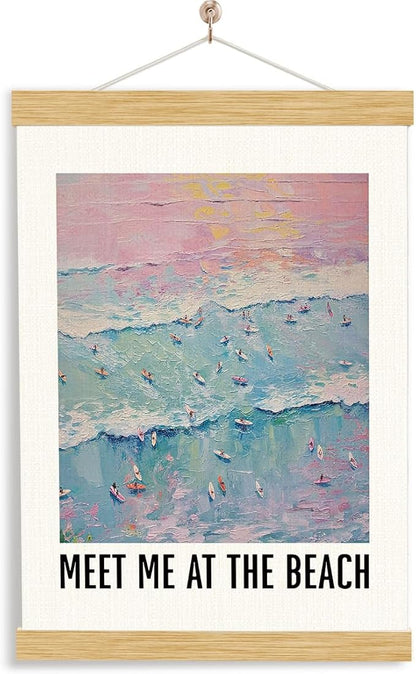 YGSDZY Beach Canvas Poster, Meet Me at the Beach Poster, Costal House Decor, Summer Decors, Trendy Ocean Coastal Art for Home Office Gallery, Pink Girls Room Decor, 11.8 * 15.7