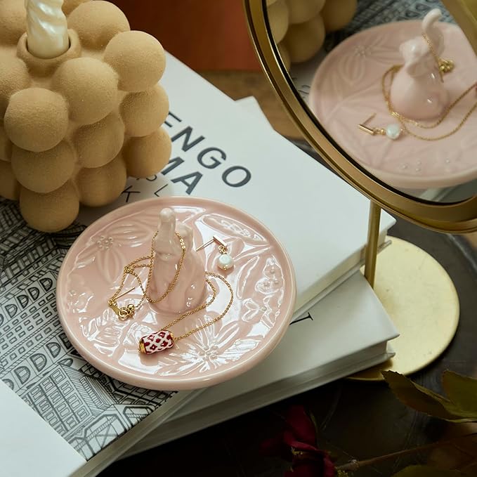 Ceramic Elephant Jewelry Tray - Hand-Painted Trinket Dish & Ring Holder for Dresser, Elephant Themed Home Decor Organizer Bowl for Nightstand, Bathroom Counter (Pink)