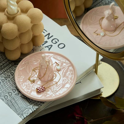 Ceramic Elephant Jewelry Tray - Hand-Painted Trinket Dish & Ring Holder for Dresser, Elephant Themed Home Decor Organizer Bowl for Nightstand, Bathroom Counter (Pink)