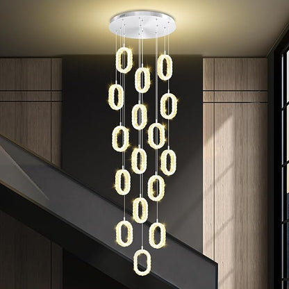 Large Ring Drop Chandelier for Stair Long Spiral Crystal Chandeliers for High Ceiling LED Crystal Ring Chandelier Dimmable 2700K-6000K 16-Light Silver