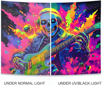 seewan Black Light Skull Guitar Tapestry, Glow-in-the-Dark UV Neon Skull Wearing Headphones Playing Music Wall Hanging, Psychedelic Rock Art Tapestry, Bedroom Dorm Living Room Background Decor