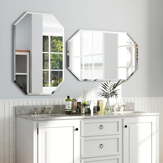 Chende 2PCS Beveled Bathroom Mirror, 20" x 30" Octagon Frameless Wall Mirror with Beveled Edge, Glass Mirror Vertical or Horizontal Hanging