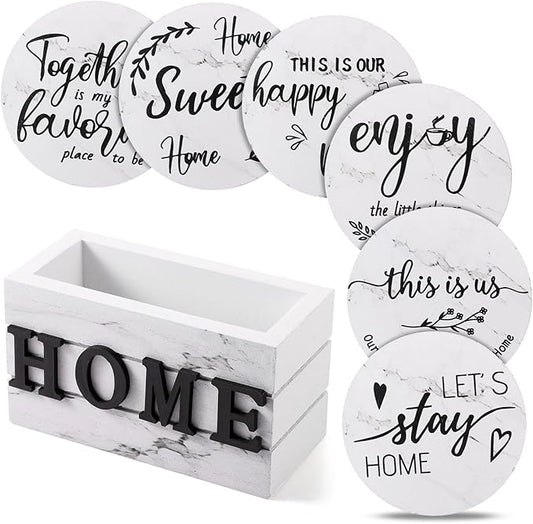 Queekay Coasters Set of 6 House Warming Gifts New Home Wooden Farmhouse Drink Coasters with Holder 4'' Funny Decoration for Kitchen Family Coffee Bar Tabletop Protection(White Marble)
