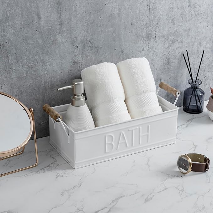 MyGift Vintage Bronze Metal Rectangular Storage Basket with Wooden Handles, Bathroom Toiletries Holder, Organizer Bin with Embossed Bath Label - Handcrafted in India (White)